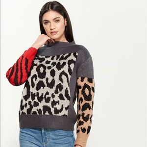 Cliche Animal Pattern Color Block Sweater, S